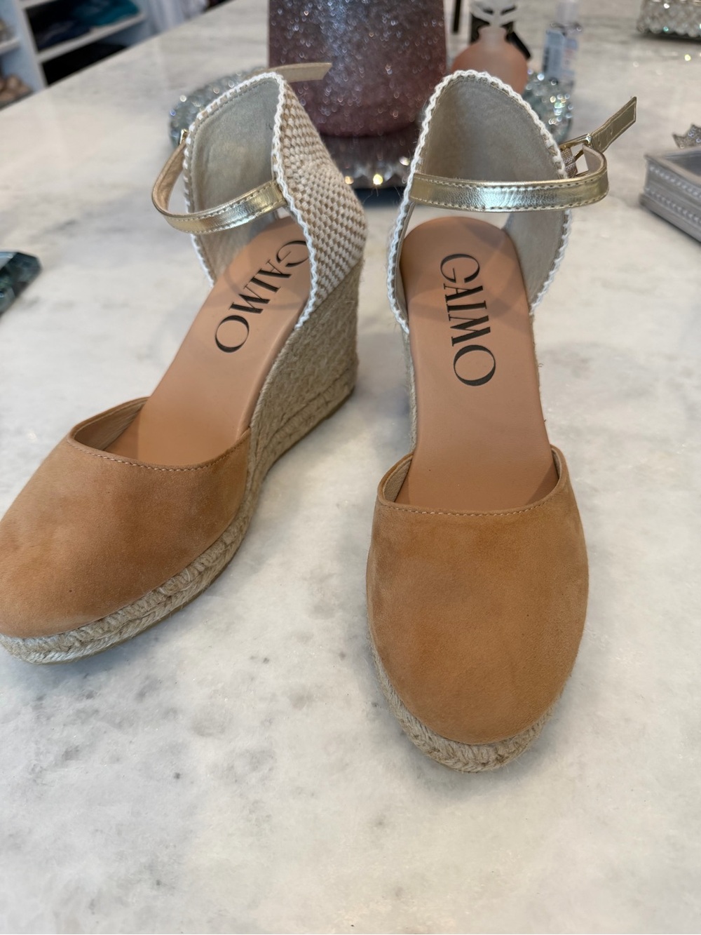 Gaimo Tan Espadrille Wedge Sandals with Gold Ankle Strap made in Spain 38 new